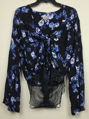 Women's Black Floral Tie-Front Blouse with Lace Hem